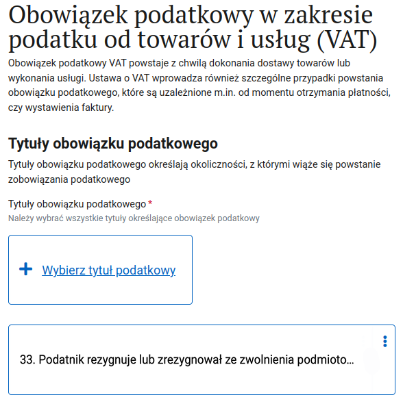 Форма VAT-R: выбор Tytuł obowiązku podatkowego — причина регистрации VAT