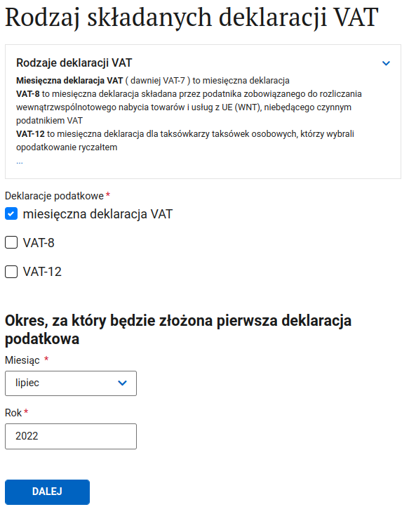 Форма VAT-R: выбор ежемесячных или квартальных деклараций и первого периода