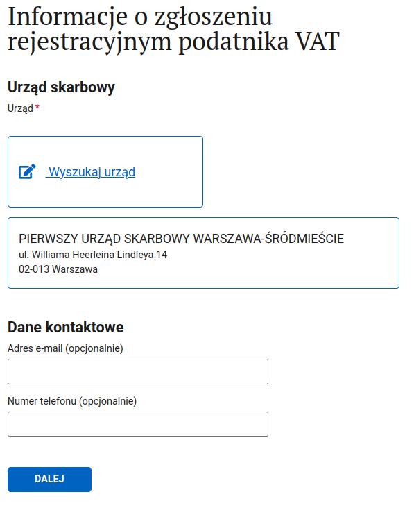 Форма VAT-R: выбор своей налоговой (urząd skarbowy)