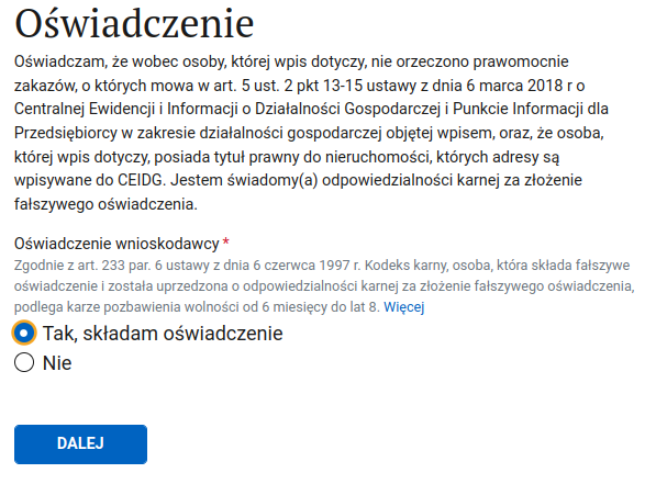 CEIDG: oświadczenie о праве пользования адресом и отсутствии запретов