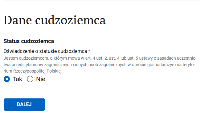 Раздел Dane cudzoziemca: подтверждение статуса иностранца