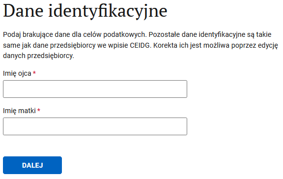 Раздел Dane identyfikacyjne: имена отца и матери