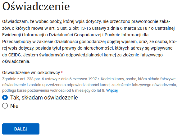 Oświadczenie: заявление об ответственности заявителя
