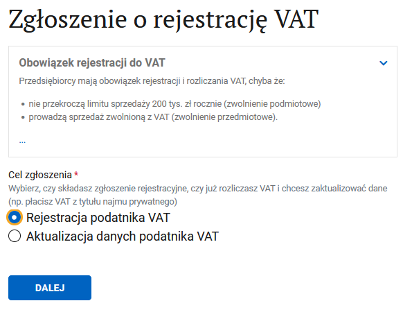 Форма VAT-R: выбор между rejestracja и aktualizacja