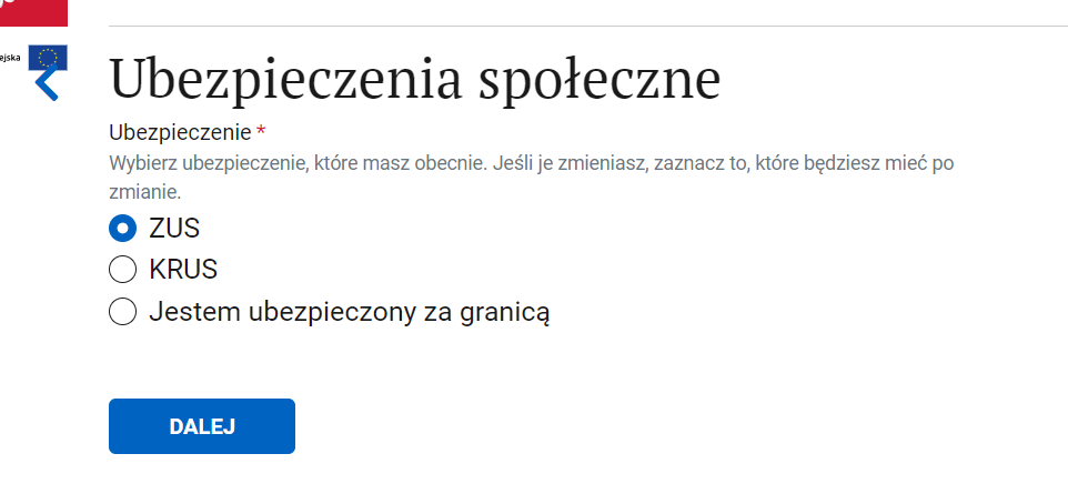 CEIDG: выбор страхования, отмечена галочка ZUS