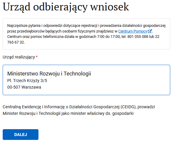 Информация об ужонде, принимающем заявление, кнопка Dalej