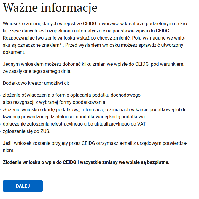 CEIDG: страница с важной информацией перед изменением данных, кнопка DALEJ