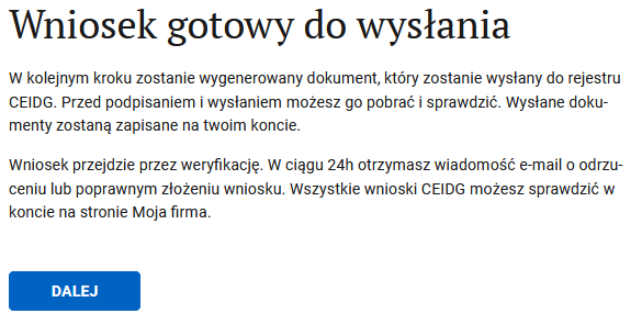 Итоговый экран: wniosek gotowy do wysłania, кнопка Dalej