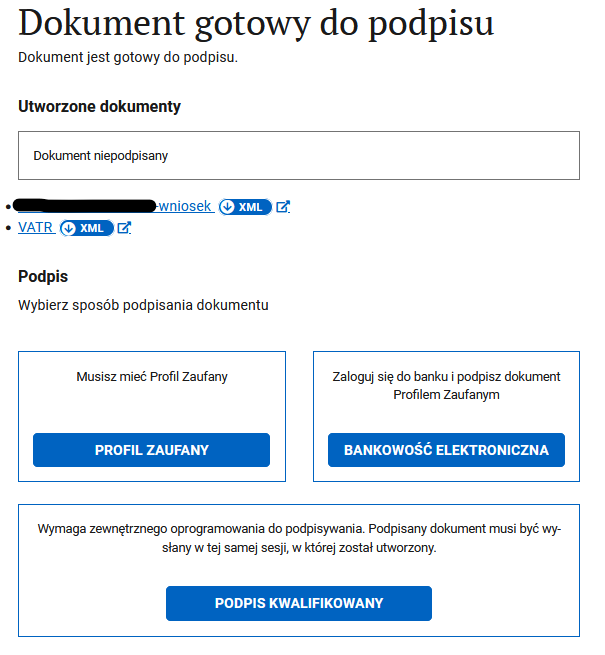 Dokument gotowy do podpisu: выбор способа подписания, ссылки xml