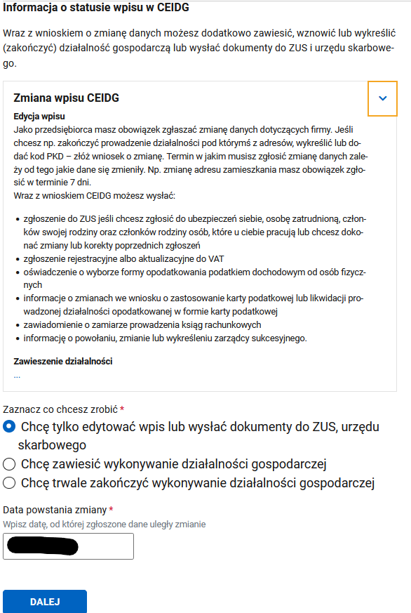 CEIDG: цель подачи заявления — изменение данных, поле даты