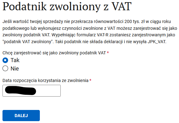 Вопрос об освобождении от польского VAT: отметка Tak и дата