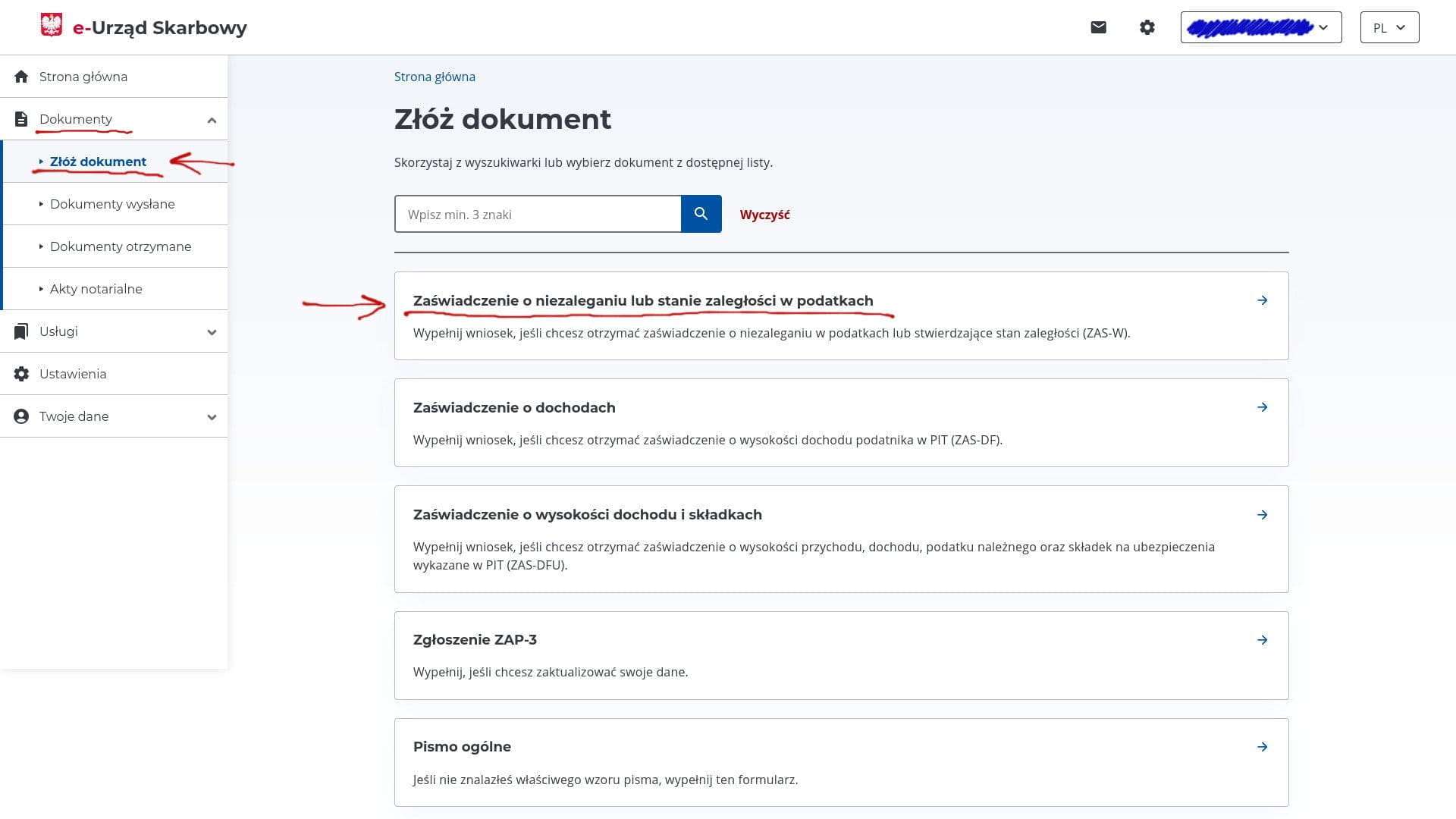 Dokumenty → Złóż dokument: выбор Zaświadczenie o niezaleganiu