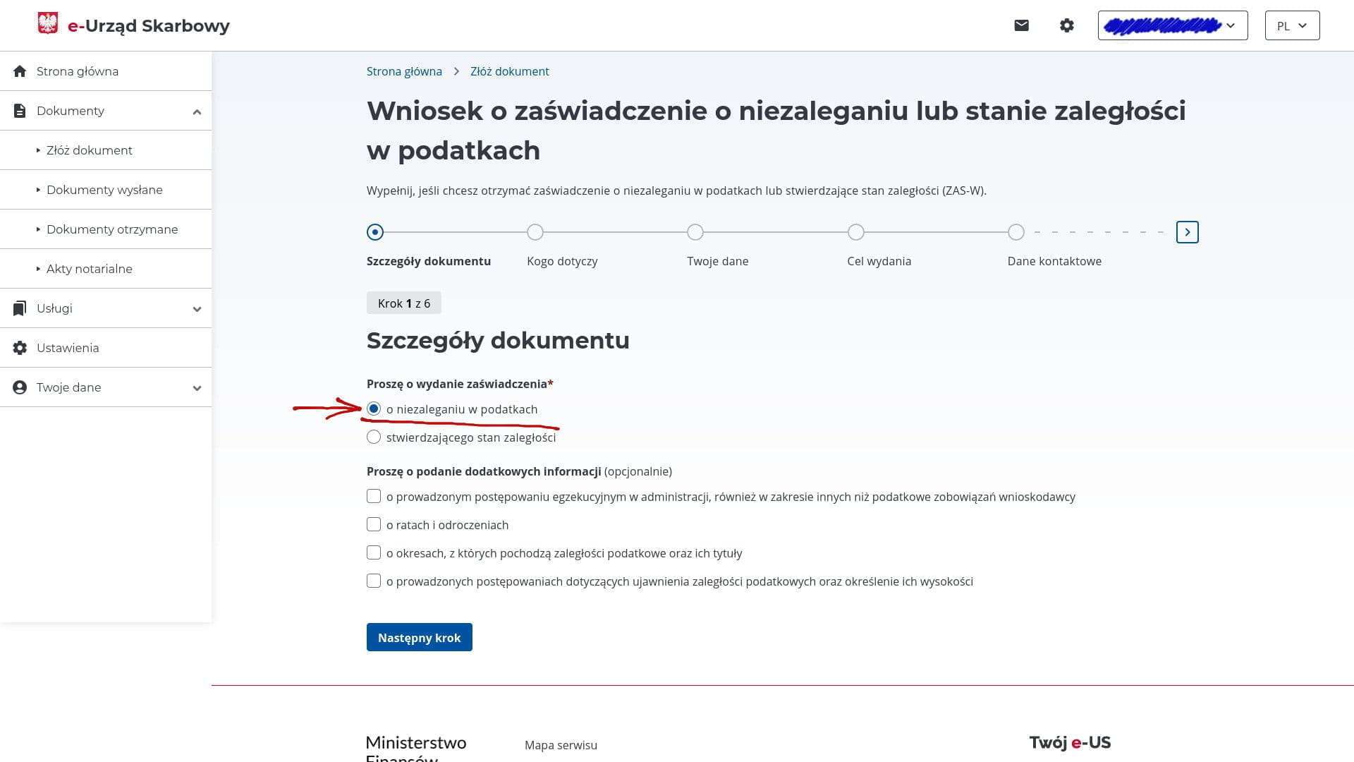 Выбор типа справки — o niezaleganiu w podatkach