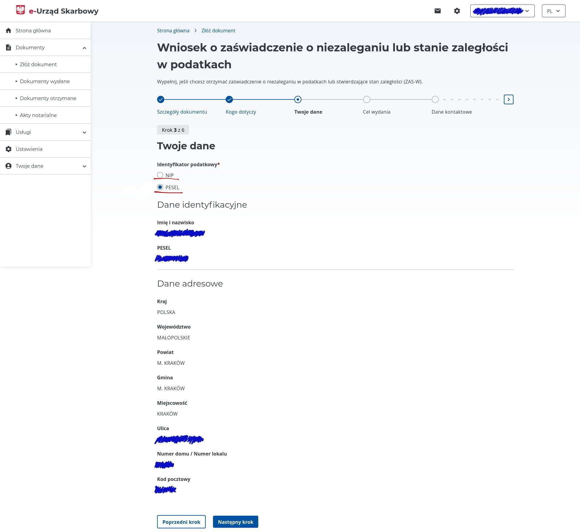 Выбор идентификатора PESEL или NIP для печати на справке