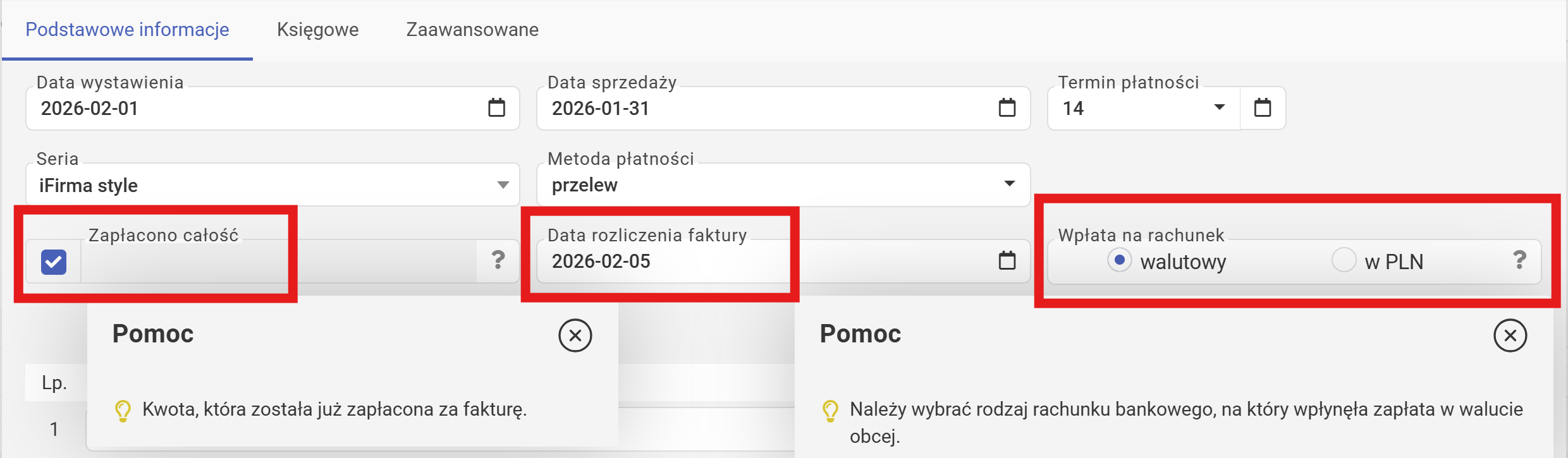 wFirma: фактура с галочкой zapłacono, data rozliczenia faktury и wpłata na rachunek
