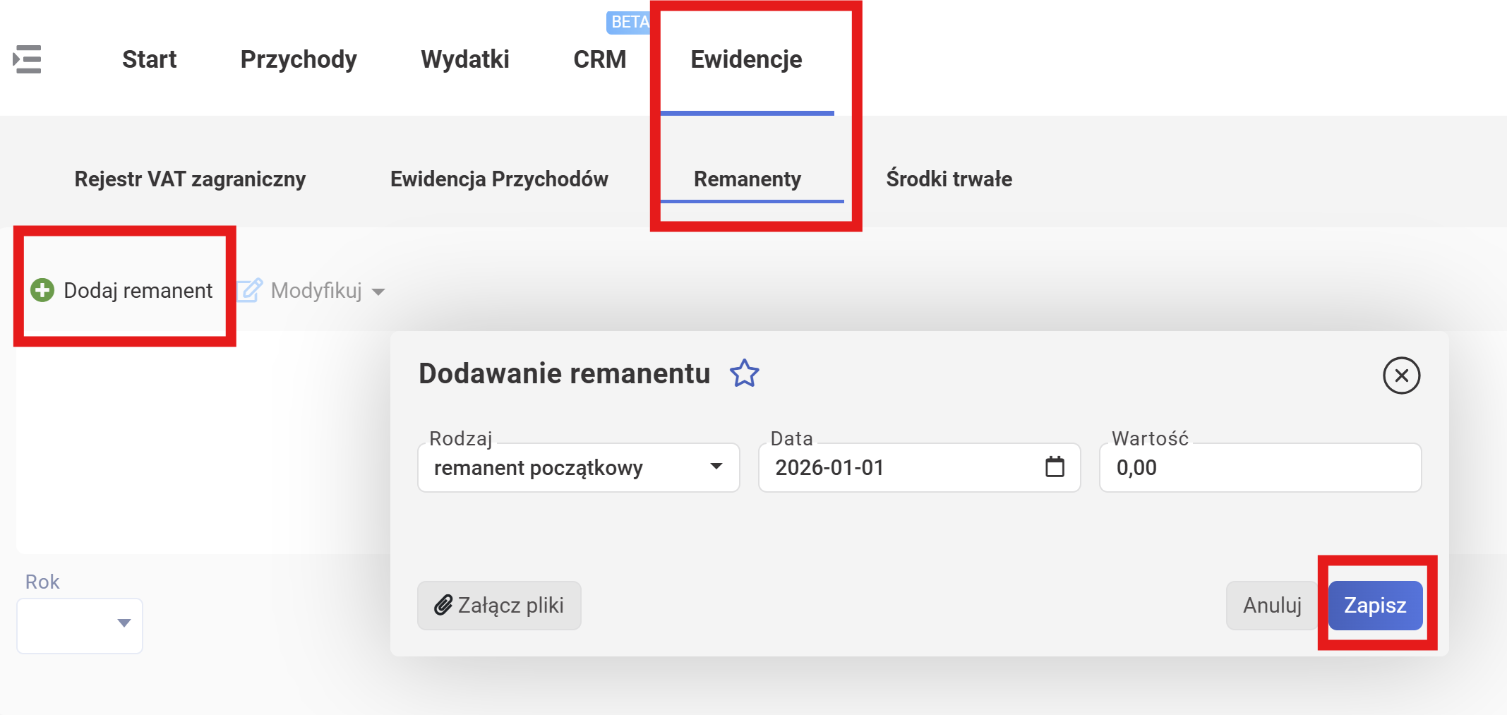 wFirma: Dodaj remanent — rodzaj remanent początkowy, дата 01.01, wartość 0