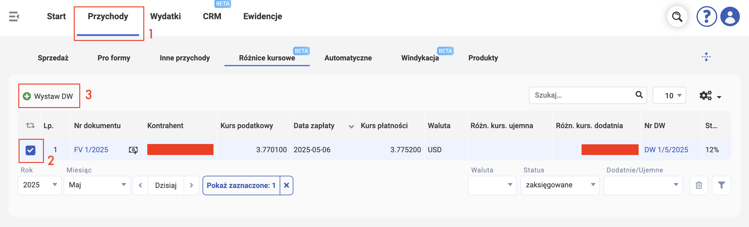 wFirma: страница Różnice kursowe, кнопка Wystaw DW