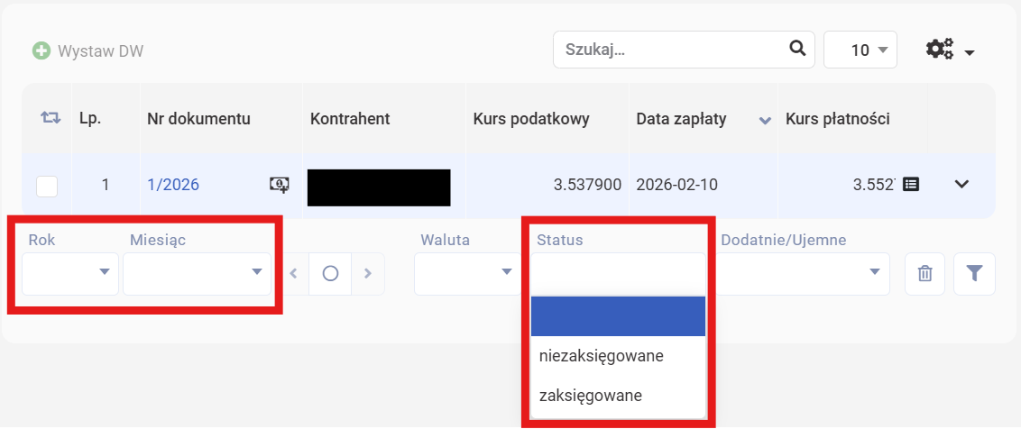wFirma: очистка фильтров Rok, Miesiąc и Status под таблицей DW