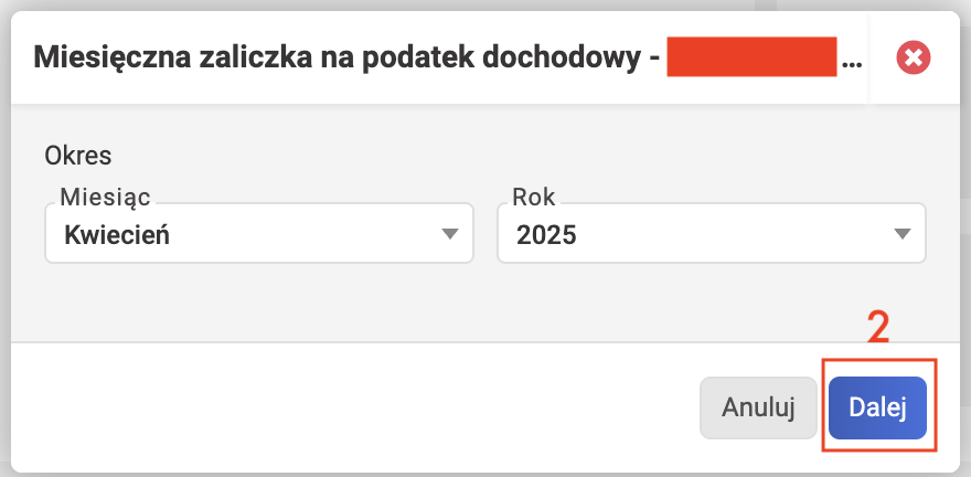 wFirma: окно Miesięczna zaliczka na podatek dochodowy — выбор периода, кнопка Dalej