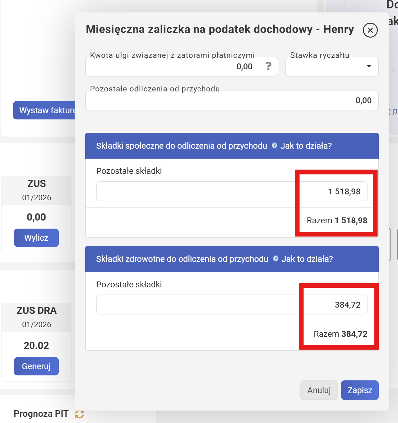 wFirma: ручной ввод składki społeczne и zdrowotne в расчёте zaliczki PIT