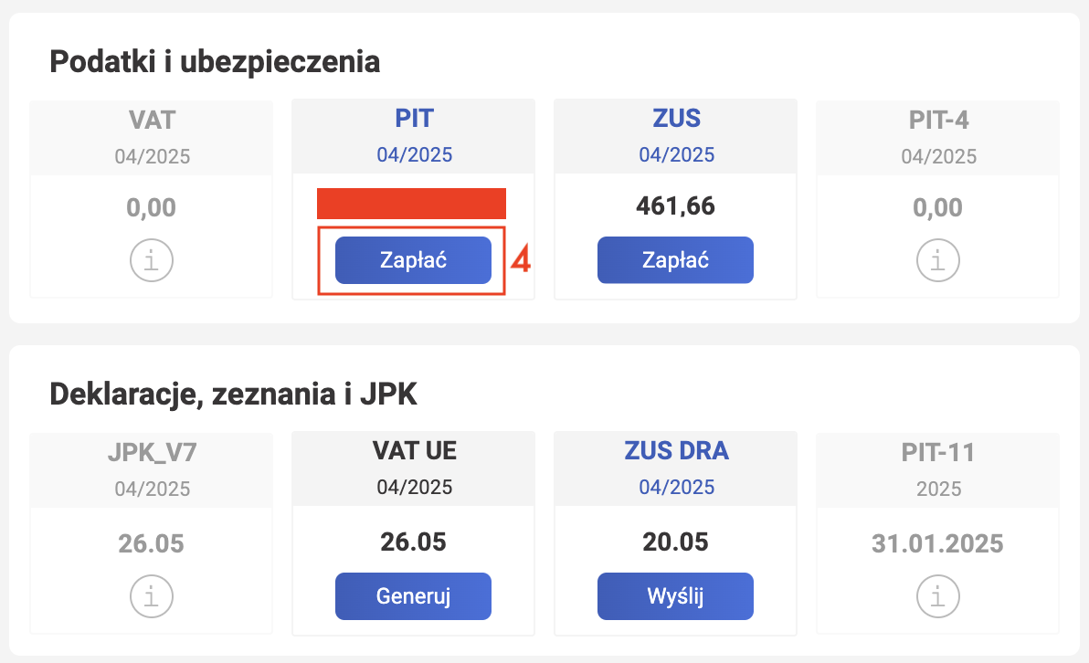 wFirma: рассчитанная zaliczka PIT, кнопка Zapłać