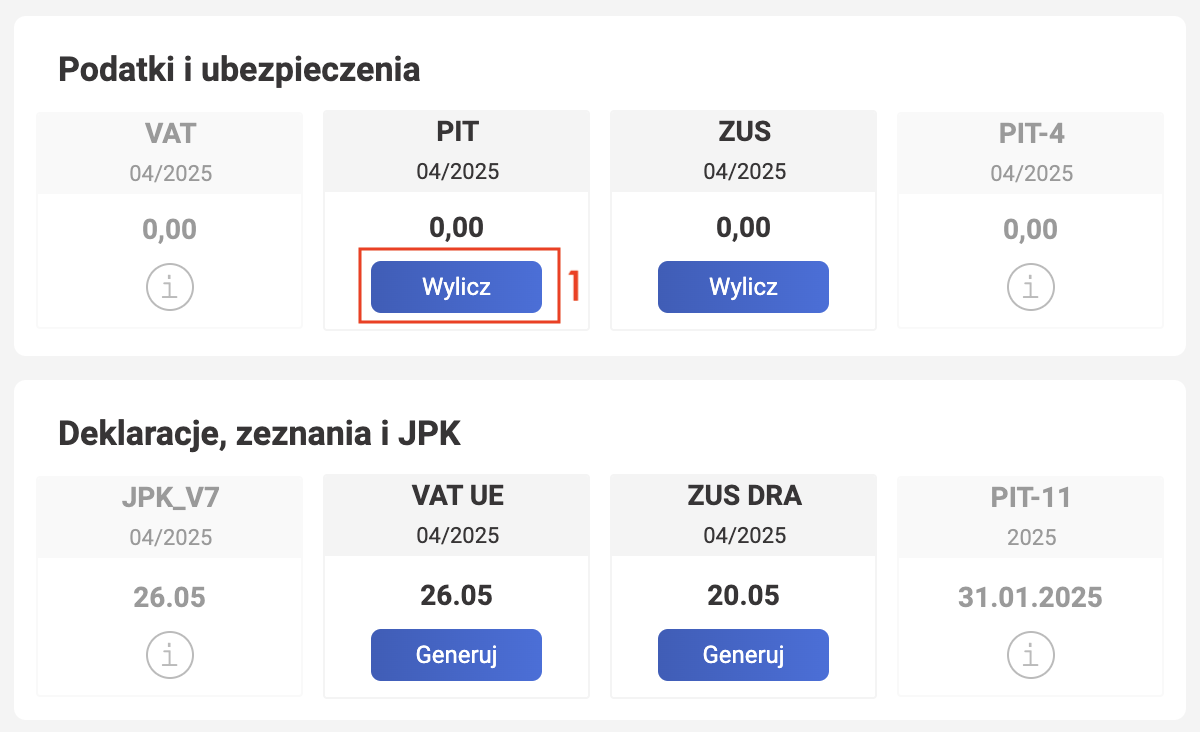 wFirma: табличка Podatki на главной странице, кнопка Wylicz