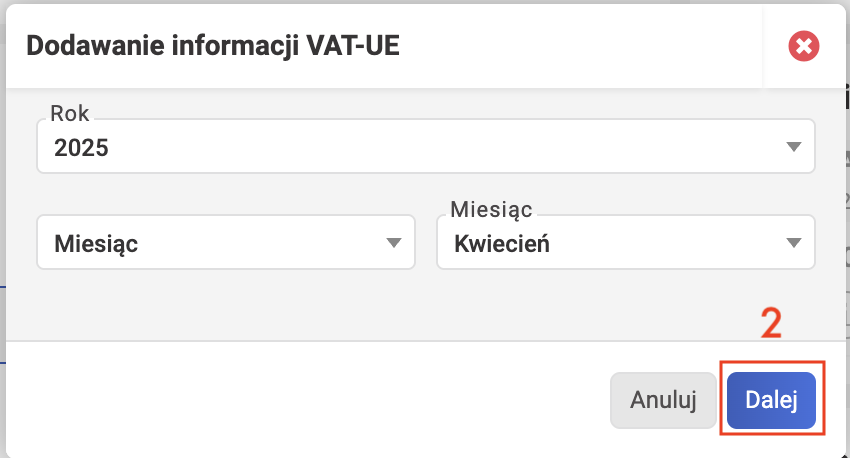 wFirma: окно Dodawanie informacji VAT-UE — выбор Rok и Miesiąc, кнопка Dalej