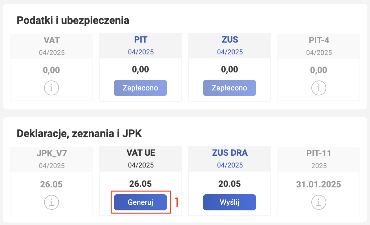 wFirma: блок VAT-UE, кнопка Generuj