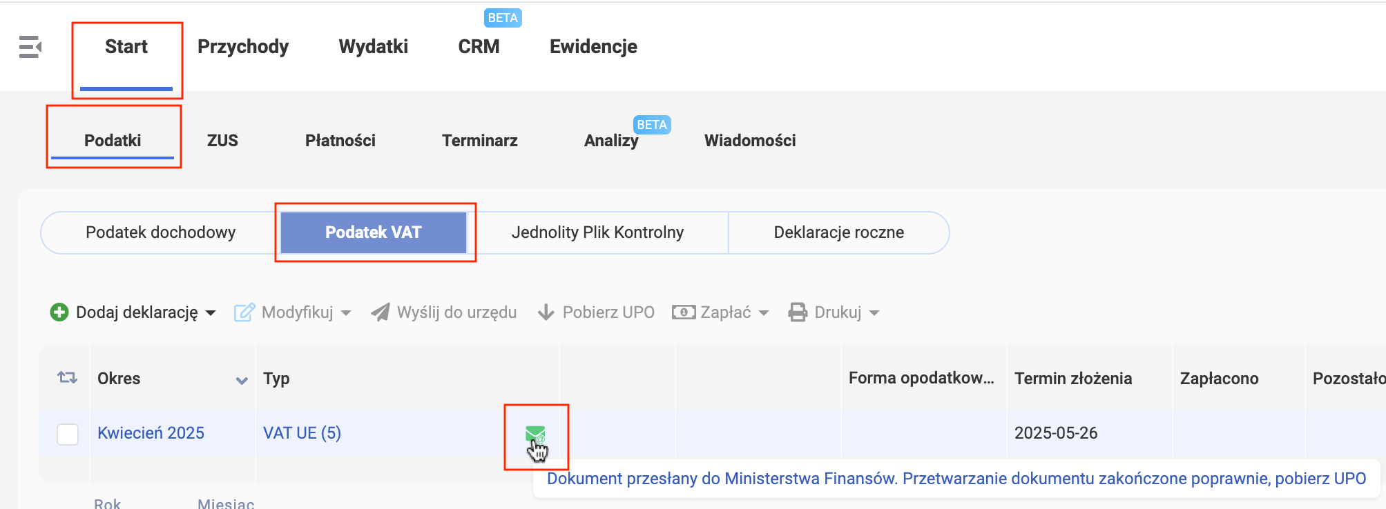 wFirma: Start – Podatki — зелёный статус отправленной декларации VAT-UE