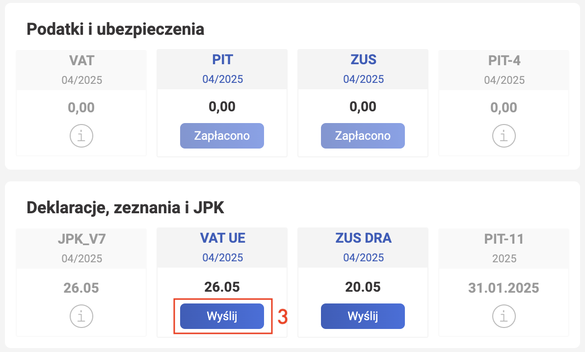 wFirma: сформированная декларация VAT-UE, кнопка Wyślij