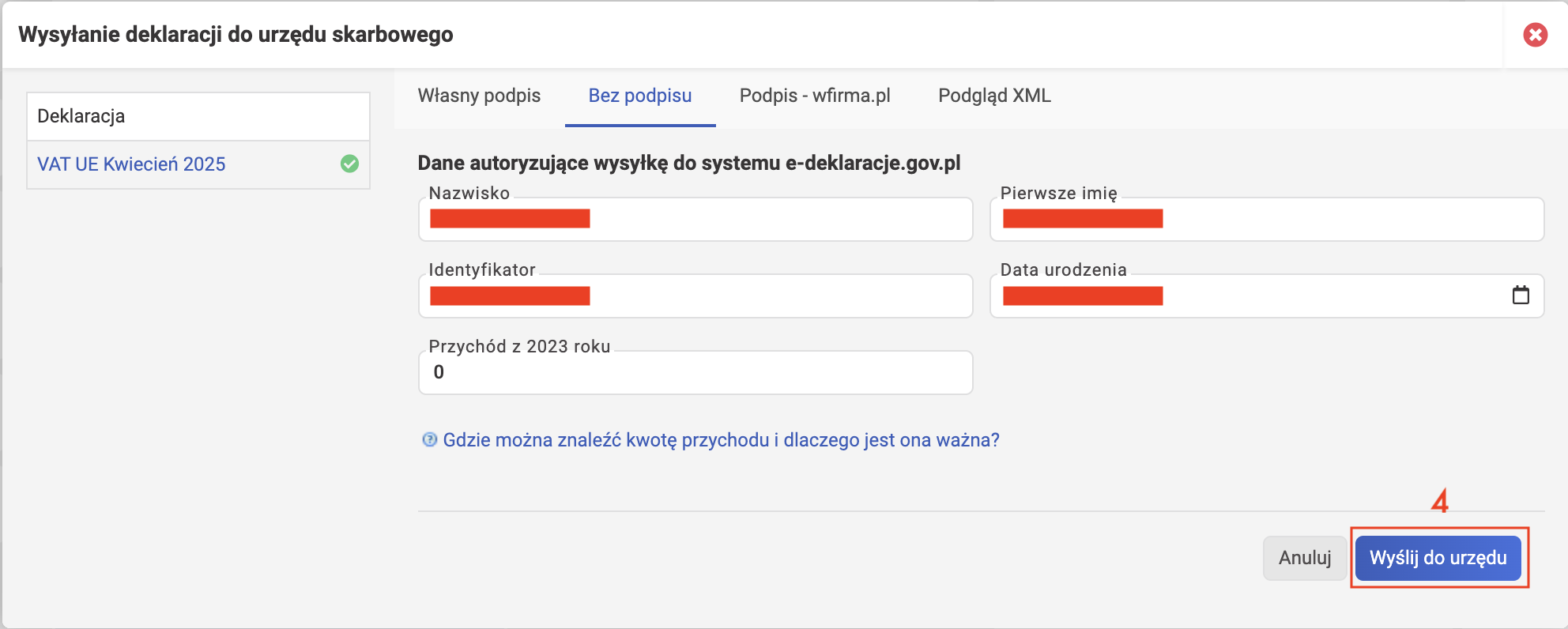 wFirma: окно Wysyłanie deklaracji, вкладка Bez podpisu, кнопка Wyślij do urzędu
