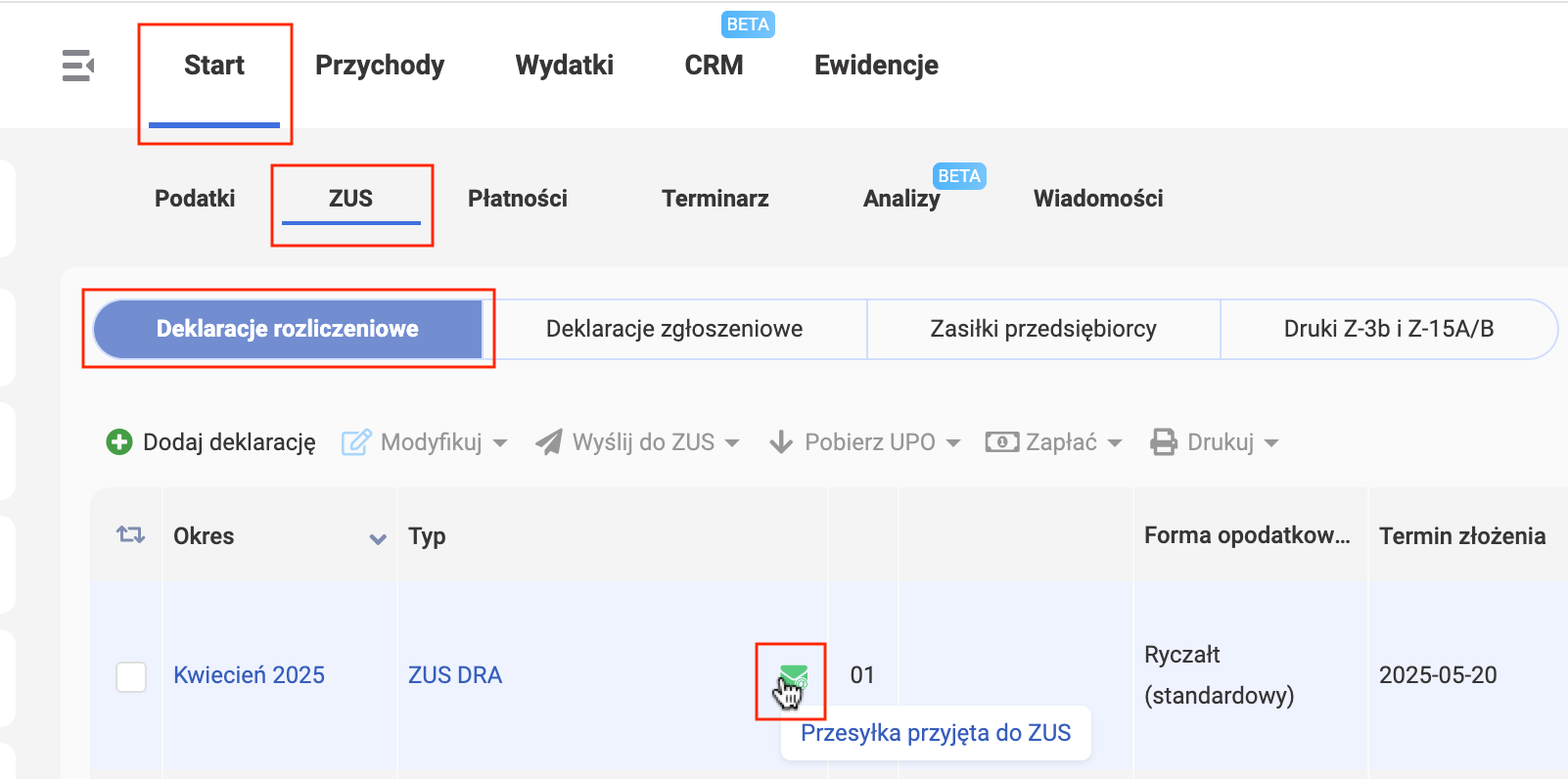 wFirma: Start – ZUS — зелёный статус Przesyłka przyjęta do ZUS