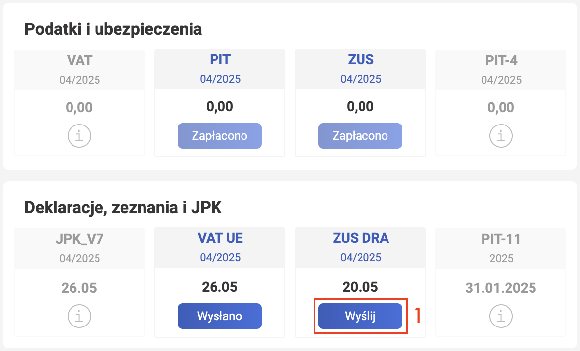 wFirma: декларация ZUS DRA, кнопка Wyślij