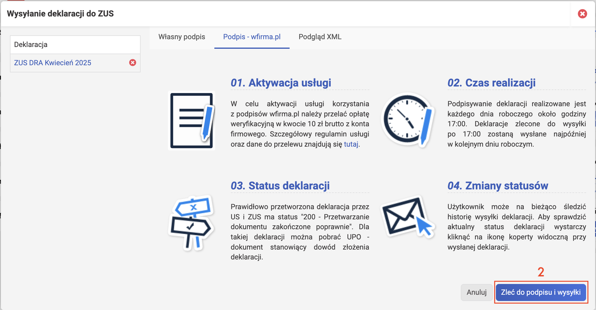 wFirma: окно Wysyłanie deklaracji do ZUS, кнопка Zleć do podpisu i wysyłki
