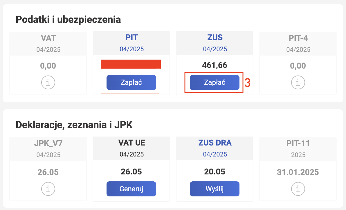 wFirma: рассчитанный платёж ZUS 461.66 zł, кнопка Zapłać