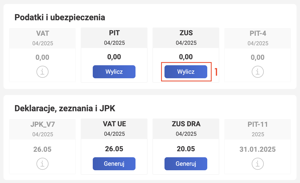 wFirma: табличка ZUS на главной странице, кнопка Wylicz