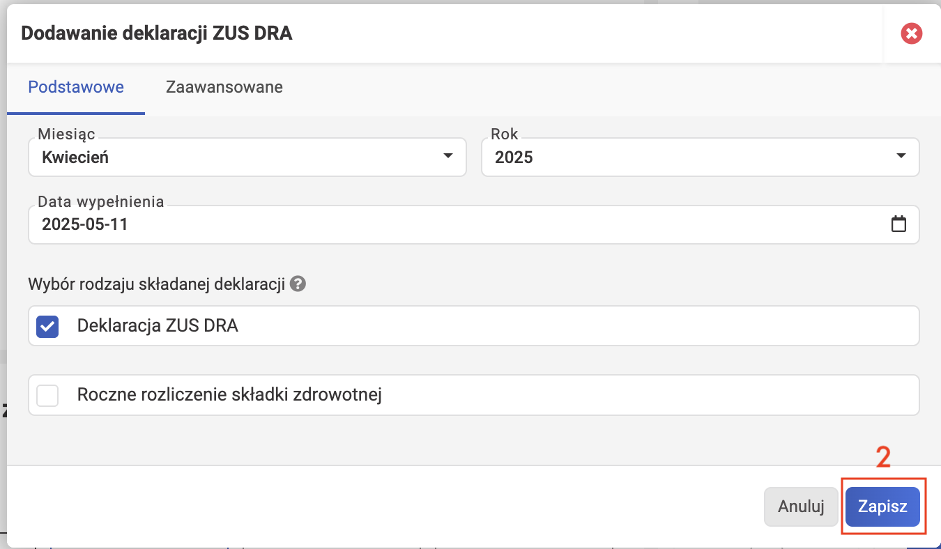 wFirma: окно Dodawanie deklaracji ZUS DRA, вкладка Podstawowe