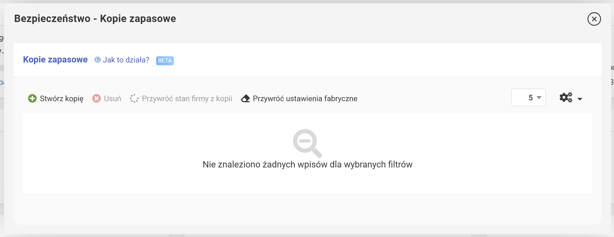 wFirma: Bezpieczeństwo → Kopie zapasowe, кнопка Stwórz kopię