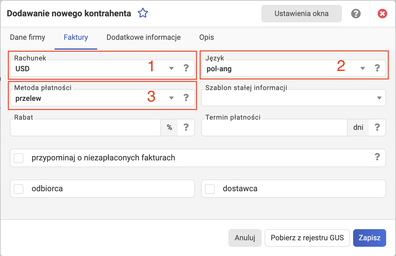 wFirma: карточка контрагента, вкладка Faktury — Rachunek, Język, Metoda płatności