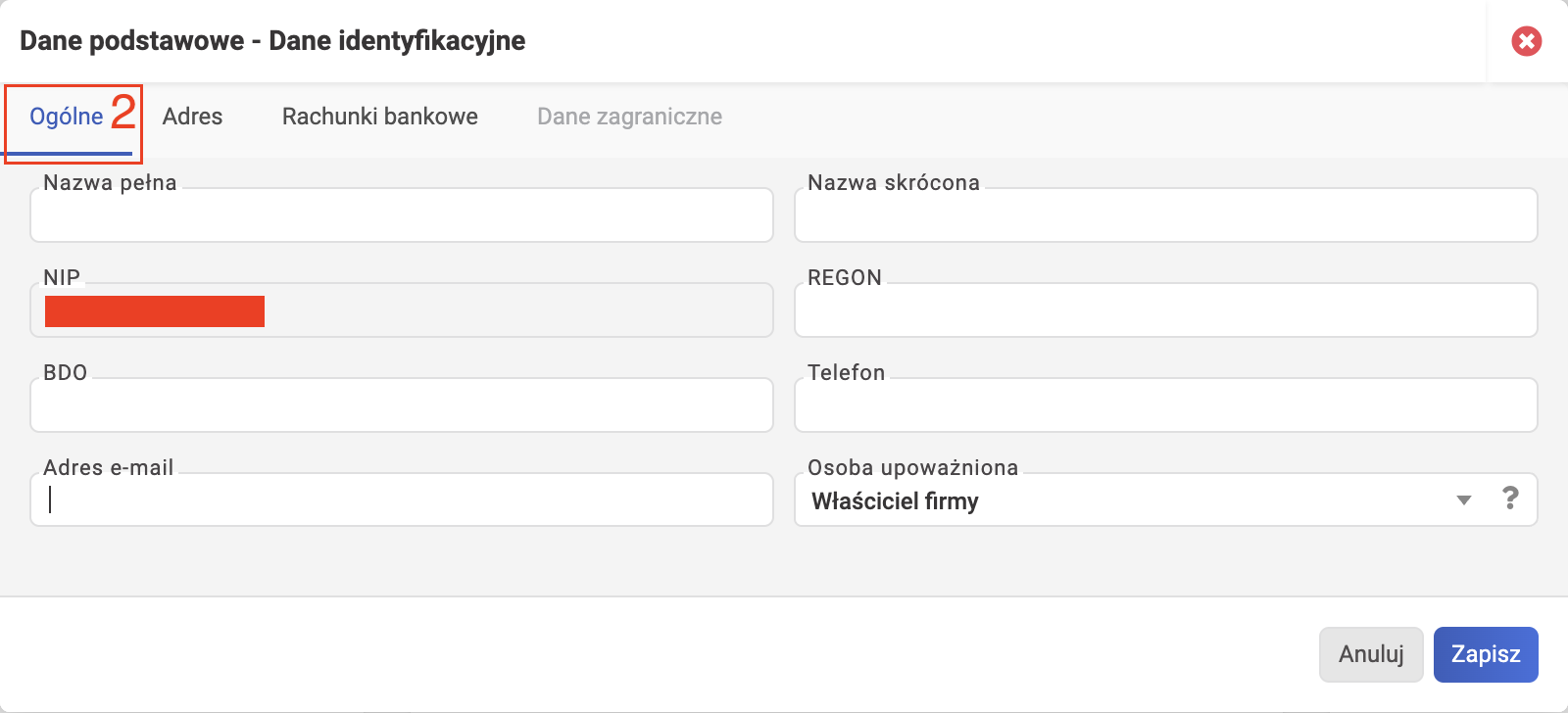 wFirma: Dane identyfikacyjne, вкладка Ogólne — Nazwa, NIP, REGON