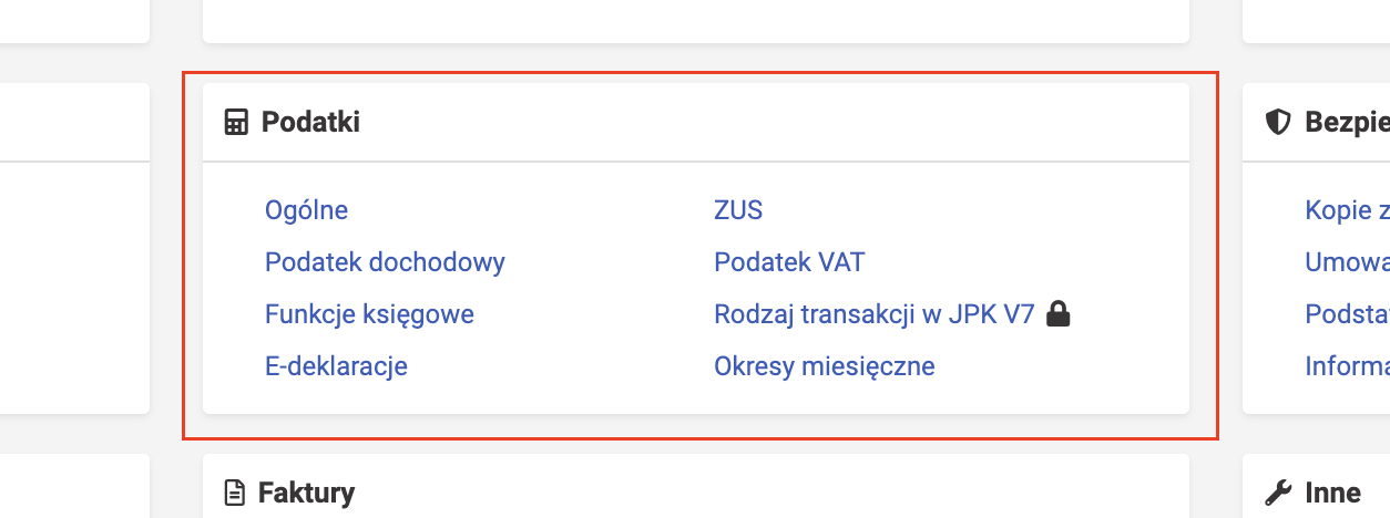 wFirma: блок настроек Podatki