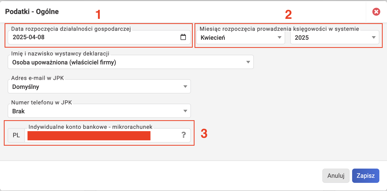 wFirma: Podatki — Ogólne, дата начала деятельности и mikrorachunek