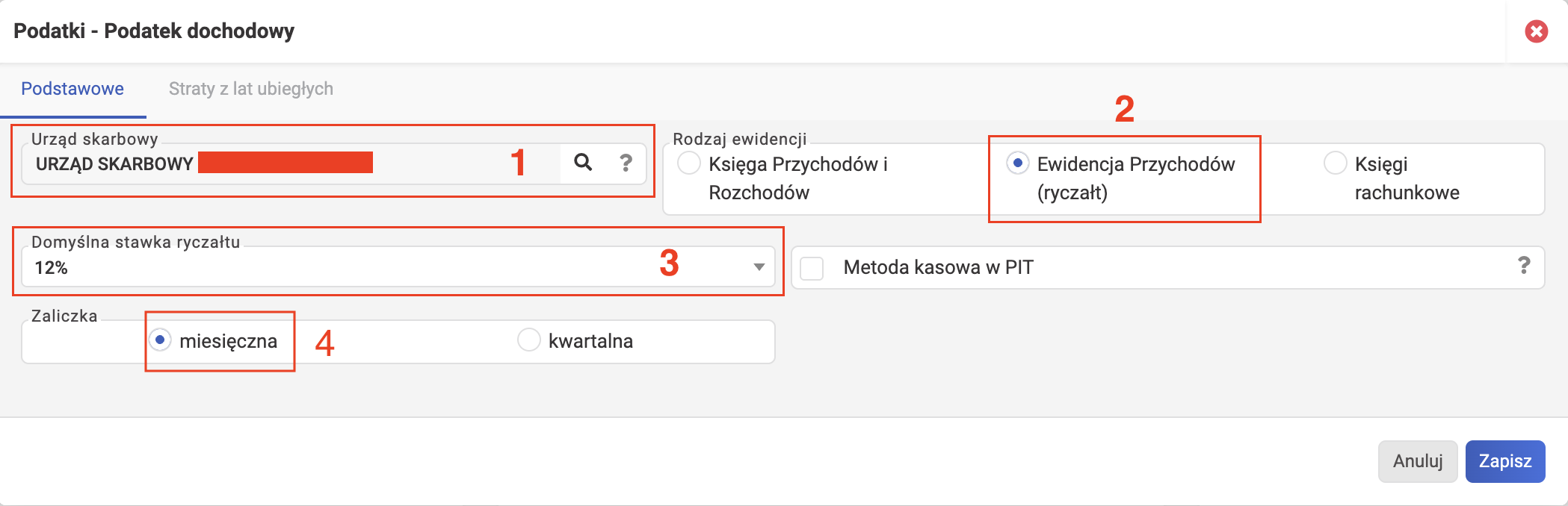 wFirma: Podatki — Podatek dochodowy, Rodzaj ewidencji и ставка рычалта
