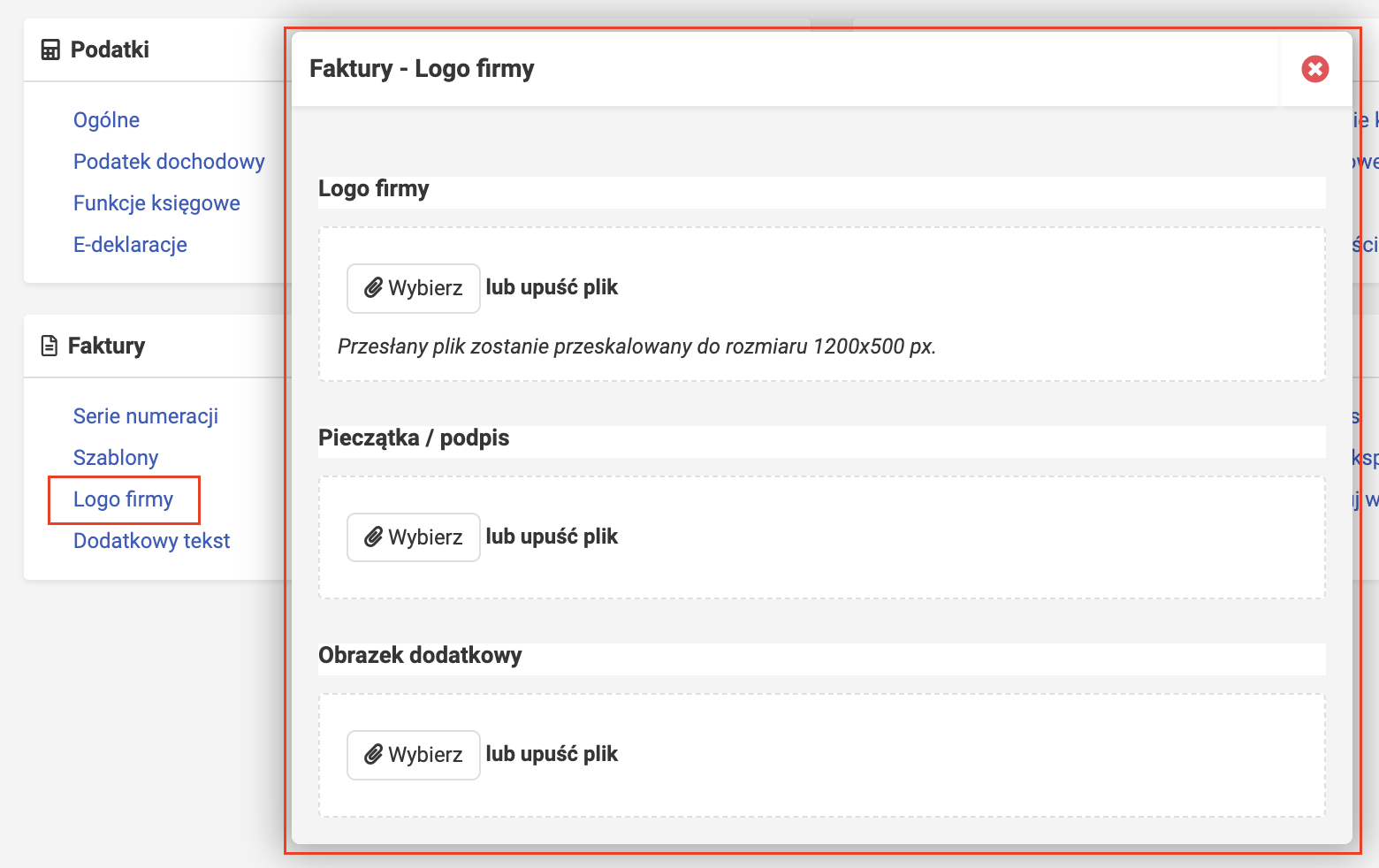 wFirma: Faktury → Logo firmy, загрузка подписи и логотипа
