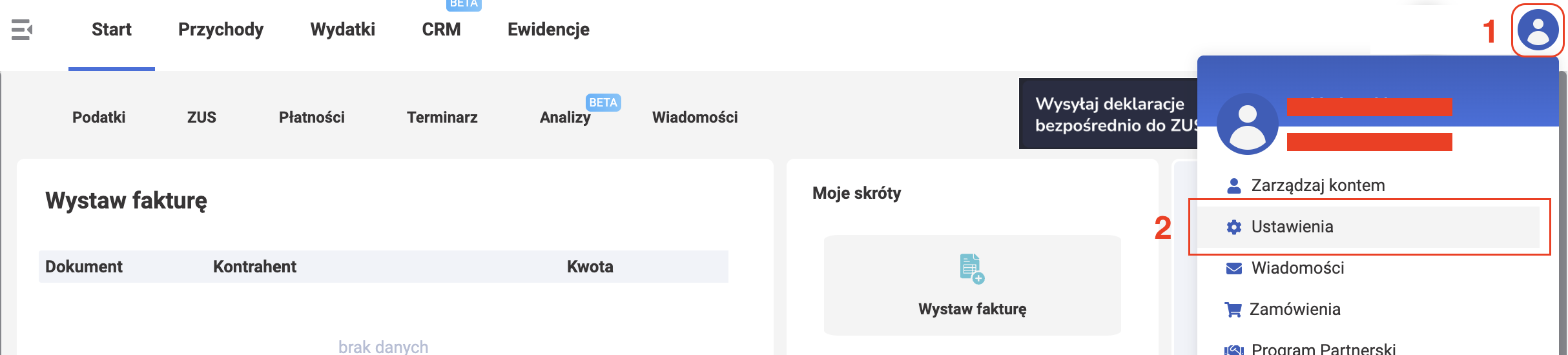 wFirma: меню профиля с пунктом Ustawienia
