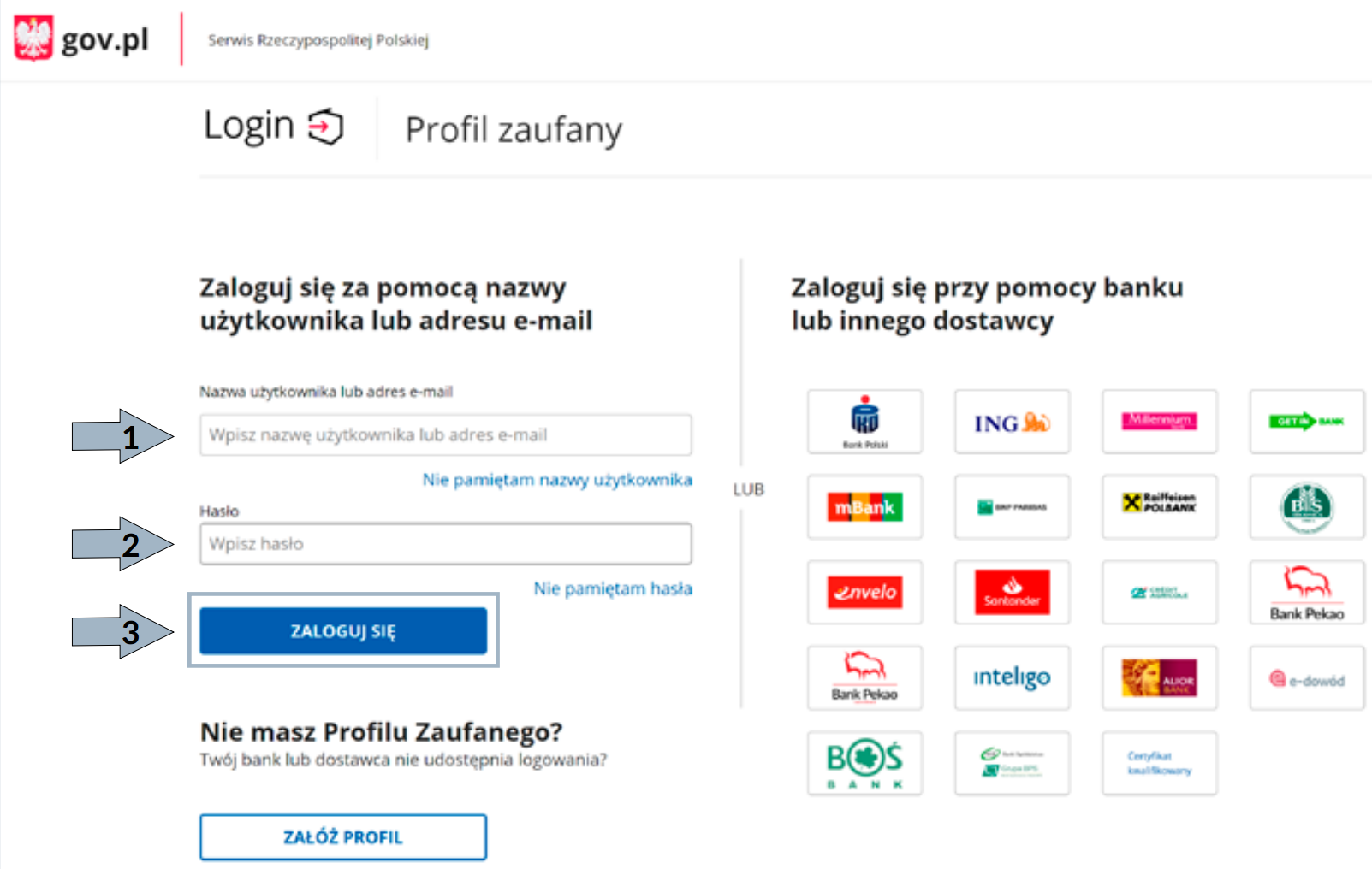 Страница входа Profil Zaufany: логин, пароль и кнопка Zaloguj się