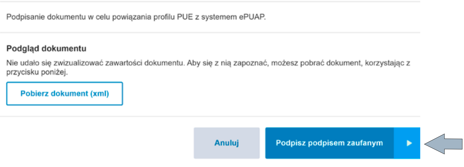 Подписание документа для связи профиля с ePUAP, кнопка Podpisz podpisem zaufanym