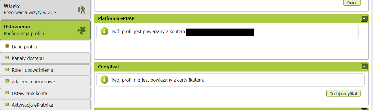 PUE ZUS: подтверждение связи профиля с profilem zaufanym (ePUAP)