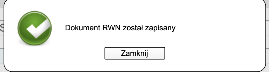 PUE ZUS: сообщение Dokument RWN został zapisany, кнопка Zamknij