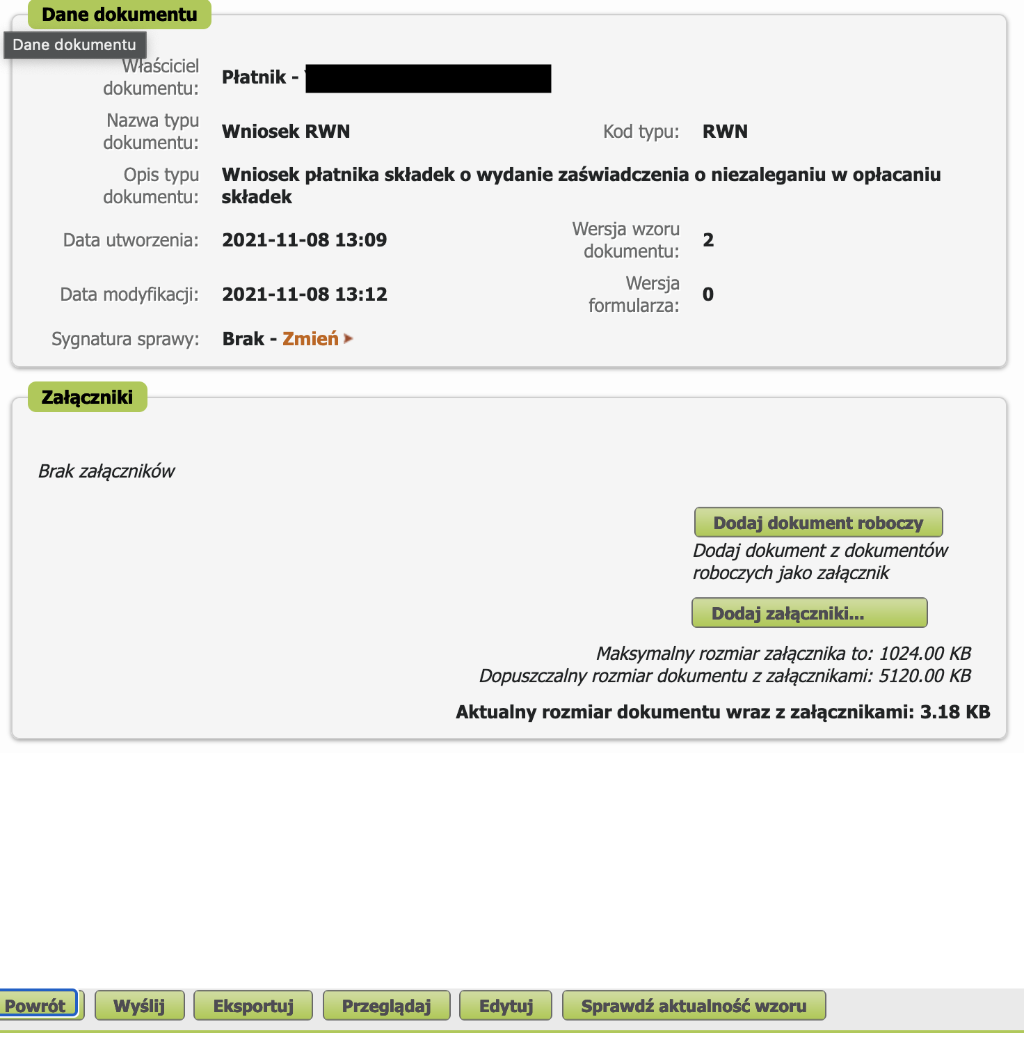 PUE ZUS: просмотр документа RWN, кнопка Wyślij